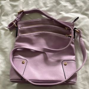 Faux leather lavender triple compartment crossbody bag